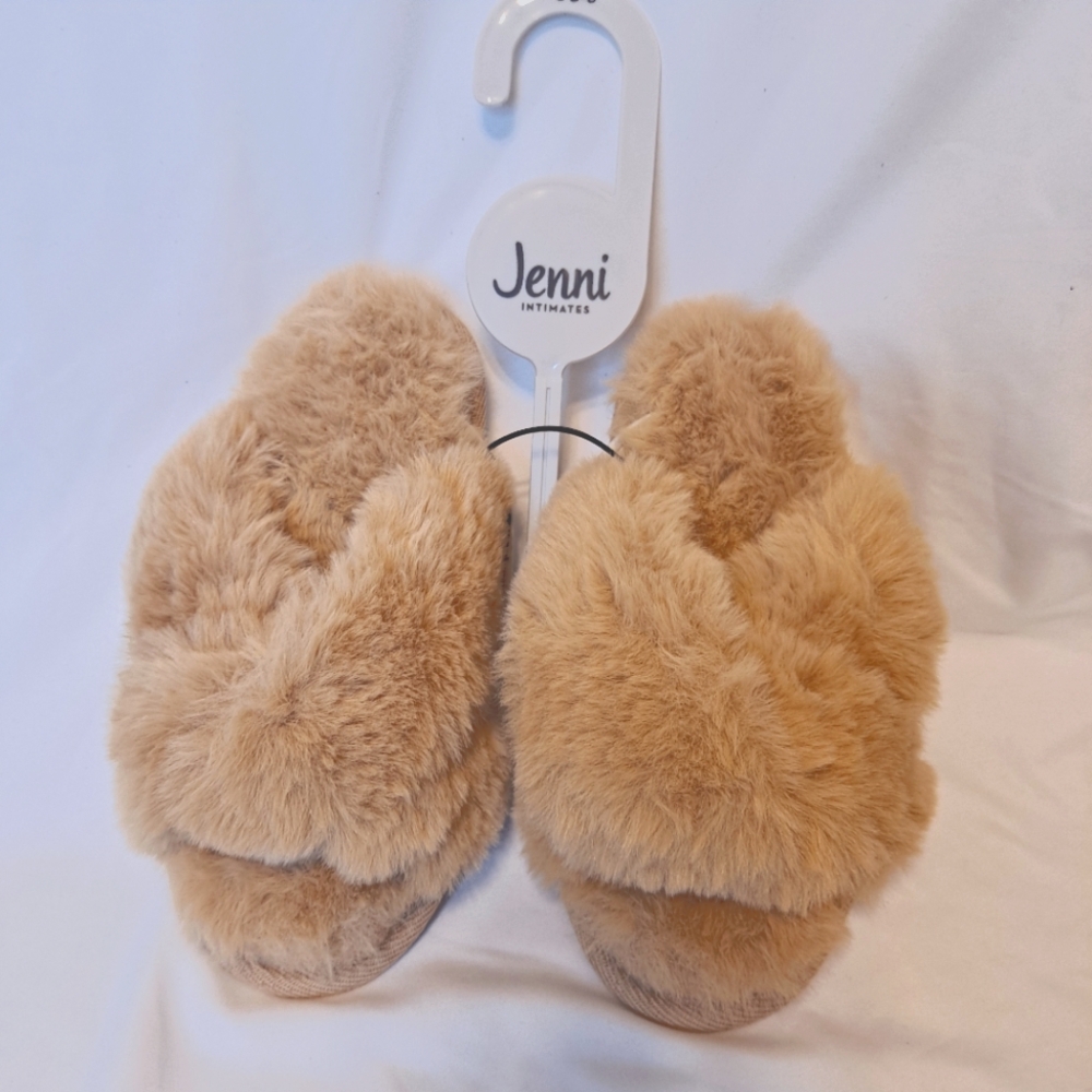 Jenni Intimates Fluffy Slippers Tan Size Small 5 6 NWT Fuzzy Faux Fur Open Toe